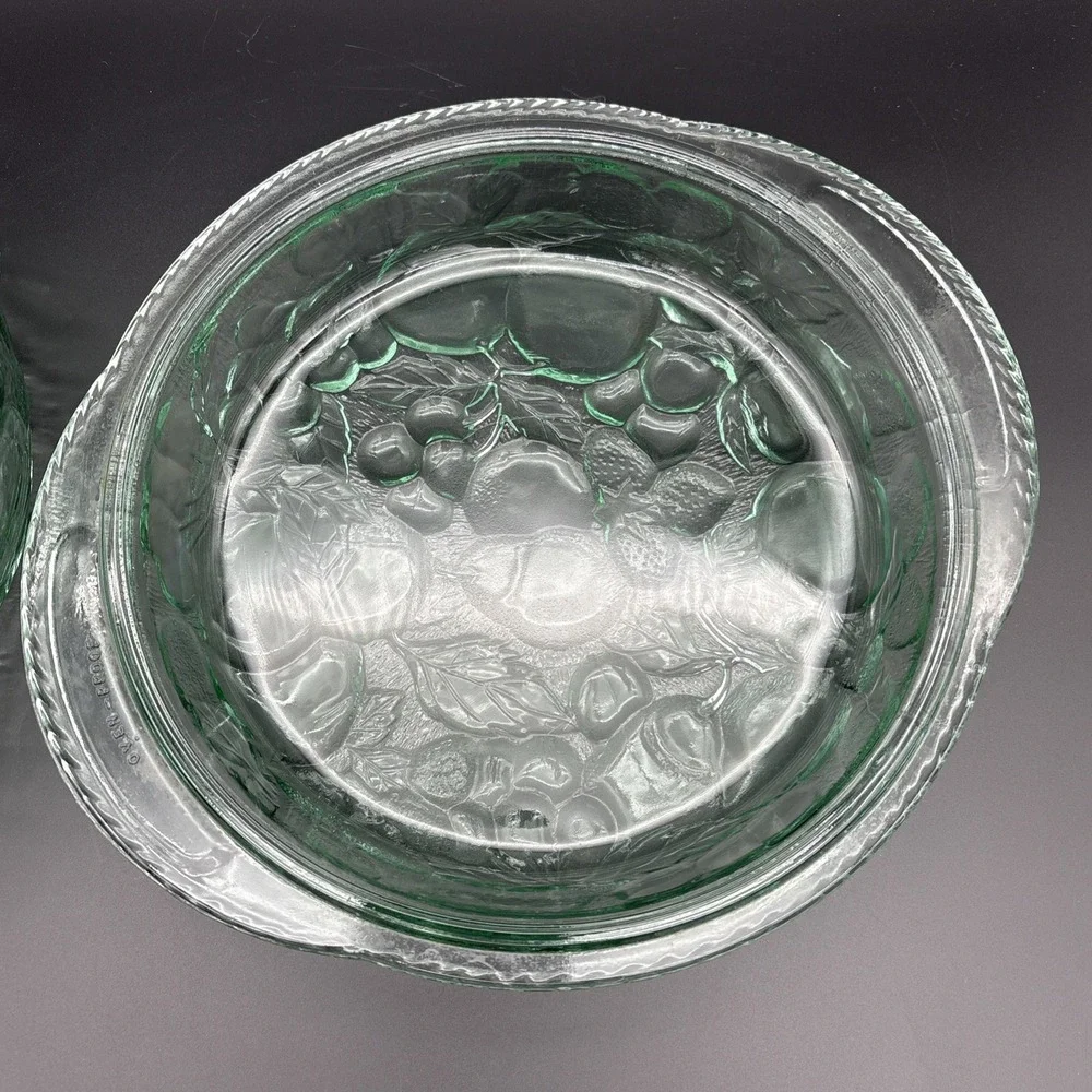 Vintage Libbey Orchard Fruit Green Glass 3-Quart Covered Casserole Ovenproof